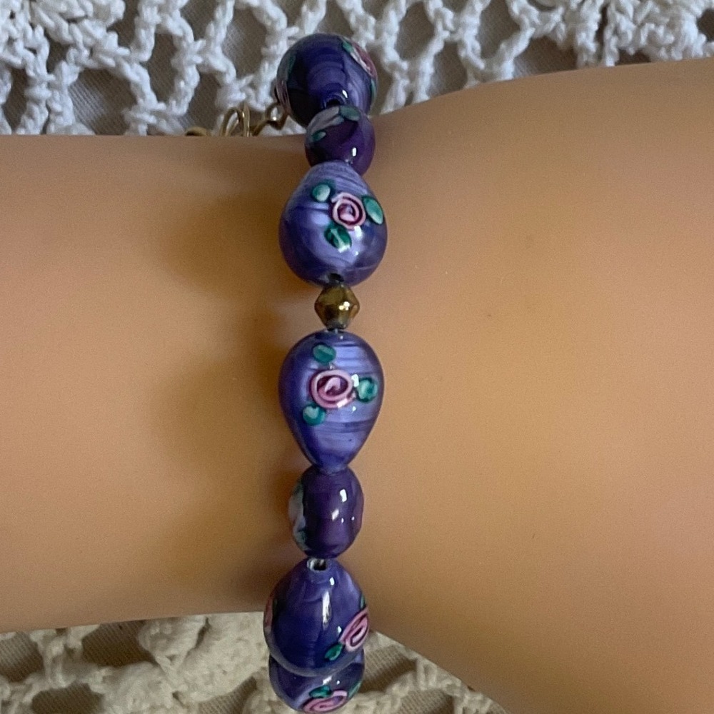 Purple Lampwork Glass Floral Rose Bead Clasp Bracelet Vintage